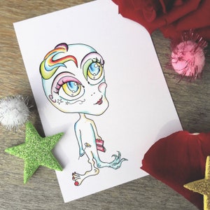 Cartolina aliena rosa - biglietto di auguri - carino in stile fumetto, cartolina artistica di Canvasvendetta senza motivo
