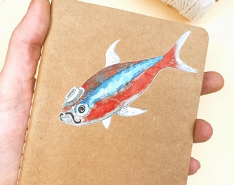 Notizbuch roter Fisch - A6 - ca 10x15 cm - lustiges Notizheft - handbedruckt - 60 Seiten - liniertes Papier - von Canvasvendetta