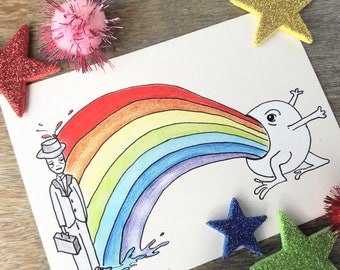 Funny card rainbow spitter - funny in comic style - postcard by Canvasvendetta - blank postcard - no occasion -