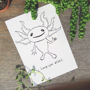 I love you postcard axolotl - thumbs up - cute and funny card - with text / I love you a lotl - zwart-wit by Canvasvendetta