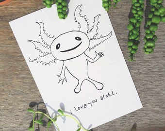 Valentines day card - I love you postcard Axolotl - cute and funny card - with text / I love you a lotl - black and white by Canvasvendetta