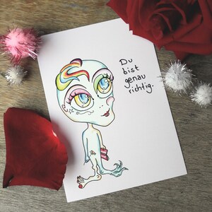 Postkarte Du bist genau richtig - Alien Karte - rosa Grußkarte - coole Postkarte - gezeichnete Karte - von Canvasvendetta