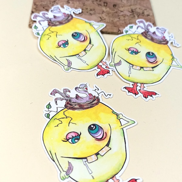 Monster Sticker komisch - verrückter Vogel - gelbes Wesen - Comic Style - ca 7cm - Handarbeit - lustiger Aufkleber