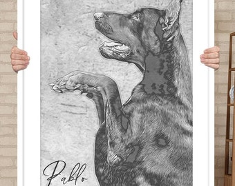 May include: Black and white illustration of a Doberman Pinscher dog standing on its hind legs with its front paw raised. The dog is looking to the left and the name "Pablo" is written in cursive below the dog.