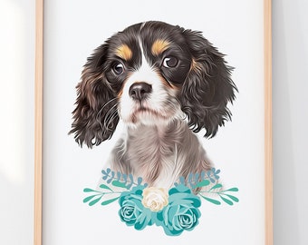 Pode incluir: Uma ilustração digital de um filhote de Cavalier King Charles Spaniel com pelo marrom, preto e branco. O filhote está usando uma guirlanda floral azul ao redor do pescoço.