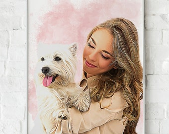Custom pet and human portrait , Couple Illustration, Custom Couple Portrait, Family Portrait, Personalized Portrait, Couple Gift for Her