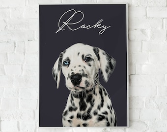 Puede incluir: Una ilustración digital de un cachorro dálmata con ojos azules. El cachorro está mirando al espectador. El fondo es de color azul oscuro. El texto "Rocky" está escrito en cursiva blanca sobre el cachorro.