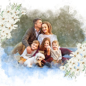 Aquarel paar portret van foto, familieportret schilderen, op maat gemaakt familieportret van foto, kerstcadeau voor grote familie