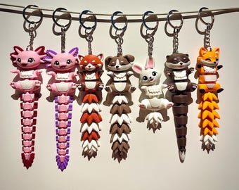 Porte-clés animaux flexibles imprimés en 3D | Axolotl, chat, chien, lapin, renard | Articulés | Cadeau