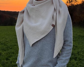 Écharpe/tour de cou XXL en mousseline beige, fait main, pour femmes et hommes