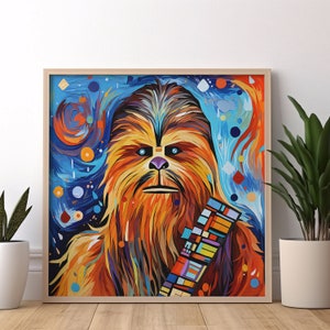May include: Colorful pop art style portrait of Chewbacca in a wooden frame. The artwork features vibrant hues of orange, blue, and yellow. Chewbacca's fur is rendered with textured brushstrokes, and his bandolier is detailed with geometric shapes.