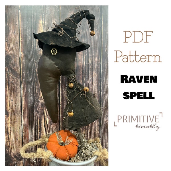 PDF Sewing Pattern - Primitive Halloween Crow Witch - Prim Raven - Crow Crock Poke - Prim Crow - Early Americana Folk Art Doll - Steampunk