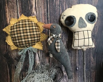 Primitive Halloween Decor: Sunflower, Skeleton, Crow Pokes