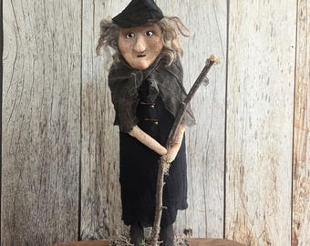 Primitive Clay Face Standing Witch Figurine - Halloween Hand Sculpted and Painted Witch Doll