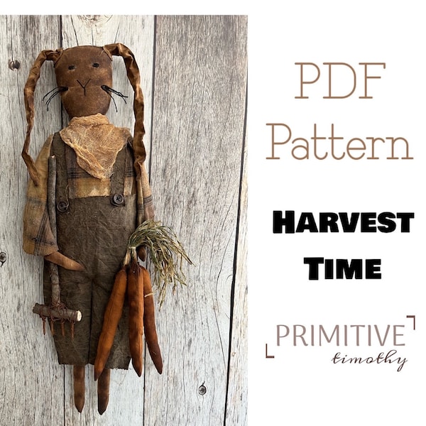 PDF Sewing Pattern - Primitive Bunny Rabbit - Folk Art Doll Door Hanger - Early Americana Style Fall Decor - Autumn Wall Hanging Decoration