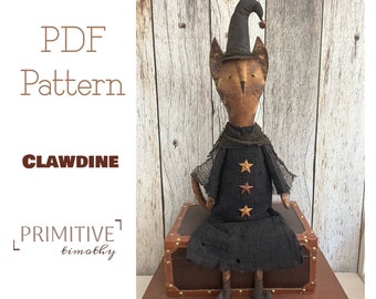 PDF Sewing Pattern - Primitive Cat Witch - Halloween Decor - Early Americana Style - Vintage Inspired Cat - Spooky Halloween Decorations