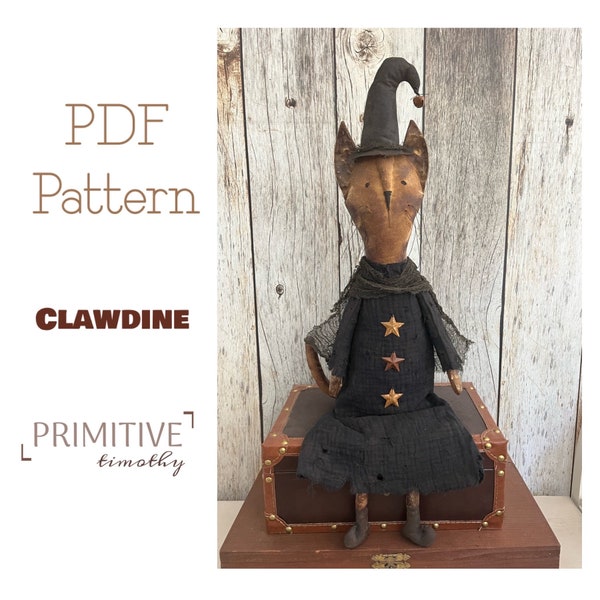 PDF Sewing Pattern - Primitive Cat Witch - Halloween Decor - Early Americana Style - Vintage Inspired Cat - Spooky Halloween Decorations