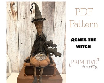 PDF Sewing Pattern - Primitive Witch with Pumpkin and Bats - Early Americana Halloween Decor - Folk Art Doll - Spooky Haunted Witch Pattern