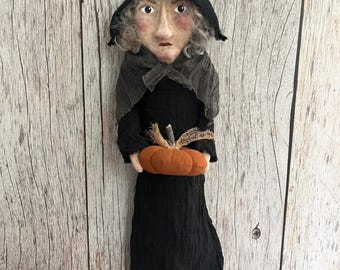 Primitive Witch Door Hanger - Clay Face Folk Art Witch