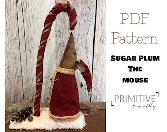 PDF Sewing Pattern - Primitive Santa Mouse - Folk Art Christmas Decor - Mice and Candy Cane Winter DIY Decoration - Early Americana Style
