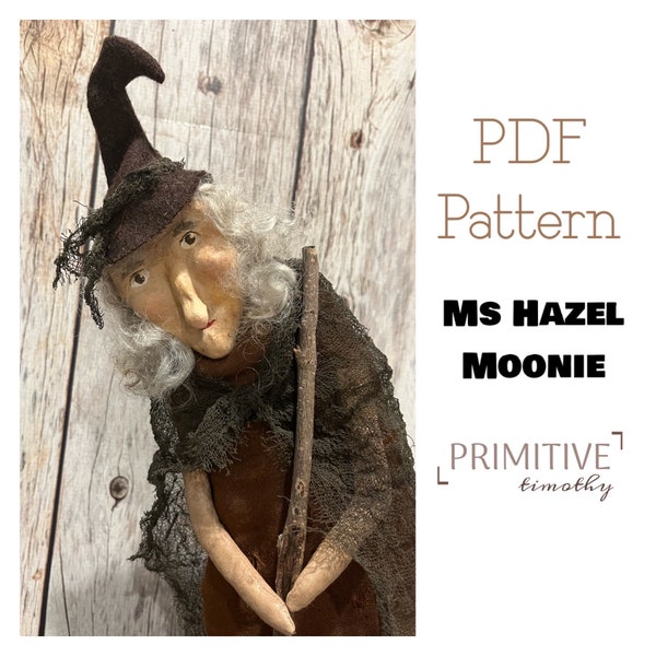PDF Sewing Pattern - Standing Primitive Witch - Clay Face Folk Art Doll - Halloween Decor - Hunched Over Witch - Early Americana Style