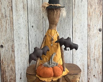 Primitive Witch Doll with Pumpkin and Bats - Prim Halloween Decoration - Spooky Folk Art Doll - Early Americana Style - Vintage Inspired
