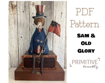 PDF Sewing Pattern - Primitive Uncle Sam - 4th of July Decor - Patriotic Flag - Early Americana Colonial Doll - Folk Art Independence Day