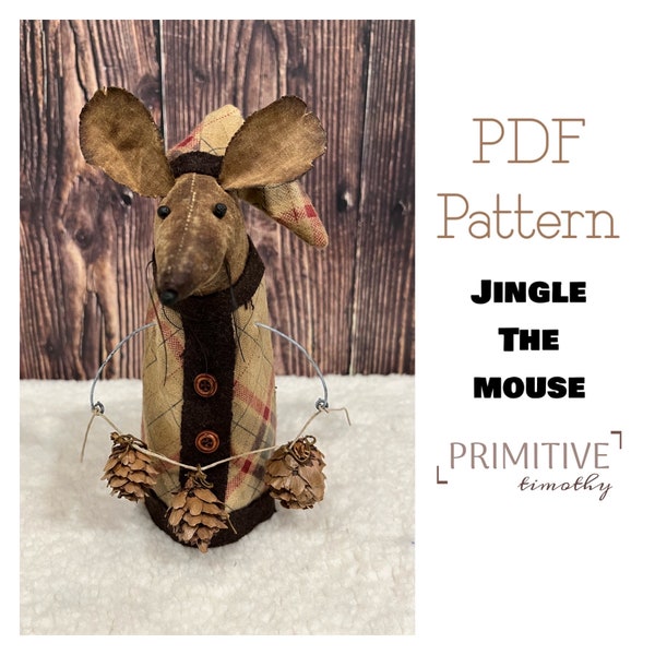 PDF Sewing Pattern - Primitive Christmas Mouse holding Pinecone Garland - Old World Christmas Decor - Folk Art Mice Dolls - Early Americana