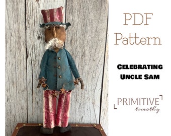 PDF Sewing Pattern - Primitive Uncle Sam - 4th of July Decor - Patriotic Doll - Early Americana Colonial Doll - Folk Art Independence Day