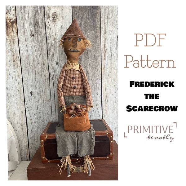 PDF Sewing Pattern - Primitive Scarecrow Doll - Folk Art Autumn Decor - Early Americana Thanksgiving Decoration - Scarecrow w Bag of Acorns