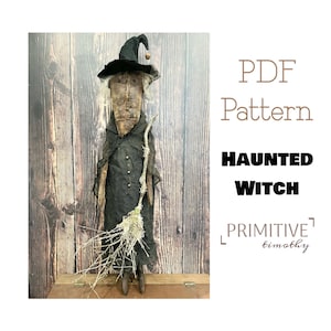 PDF Sewing Pattern - Primitive Witch Door Hanger - Early Americana Witch with Broom Stick - Prim Doll Sewing Pattern - Halloween Folk Art