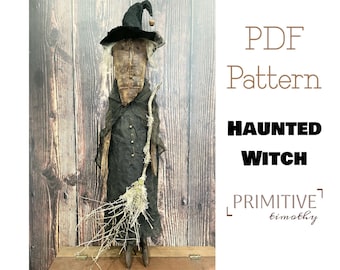 PDF Sewing Pattern - Primitive Witch Door Hanger - Early Americana Witch with Broom Stick - Prim Doll Sewing Pattern - Halloween Folk Art