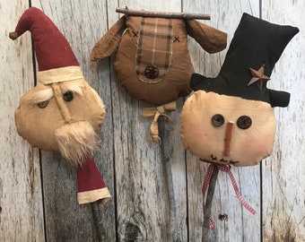 Primitive Christmas Decor - Santa Claus, Reindeer and Snowman Crock Pokes - Early Americana X-mas Decorating - St. Nick, Deer and Snowmen