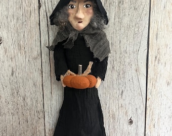 Primitive Witch Door Hanger - Clay Face Folk Art Witch