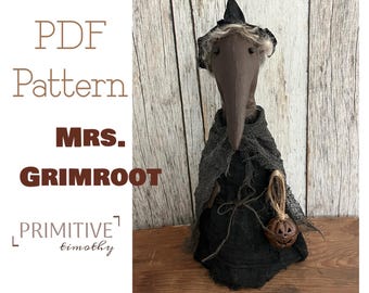 PDF Sewing Pattern - Primitive Crow Witch for Halloween - Early Americana Folk Art Decor - Rustic Bird with Pumpkin Bell - Country Autumn