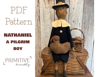 PDF Sewing Pattern - Primitive Pilgrim Boy and Turkey - Thanksgiving - Early Americana Fall and Autumn Decorating -Fall Mantle Folk Art Doll
