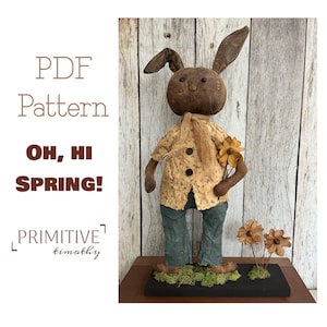 Patron de couture PDF - Lapin primitif - Poupée lapin debout avec des fleurs - Poupée d'art populaire - Style primitif américain ancien - Déco printanière