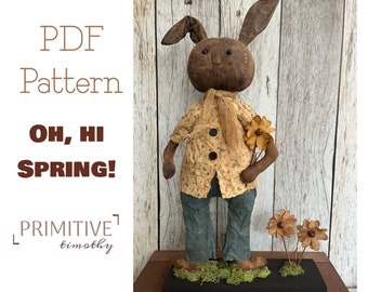 PDF Sewing Pattern - Primitive Rabbit - Standing Bunny Doll with Flowers - Folk Art Doll - Early Americana Primitive Style - Spring Decor