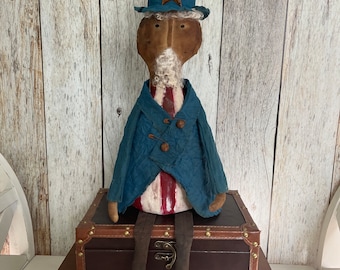 Primitive Uncle Sam Doll - 4th of July Decoration - Americana Folk Art Independence Day Decor - Patriotic Centerpiece - Rustic Heritage Doll