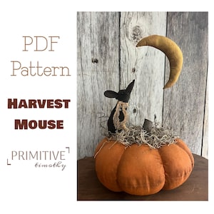 Può includere: Una zucca di stoffa arancione con una figura di topo nero e una luna crescente gialla. Il topo ha una sciarpa marrone ed è appollaiato sulla zucca. Il testo "PDF Pattern" e "Harvest Mouse" sono visibili.