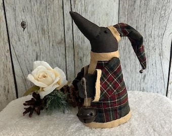 Primitive Christmas Crow with Bell Ornament: Olde World Christmas Decor