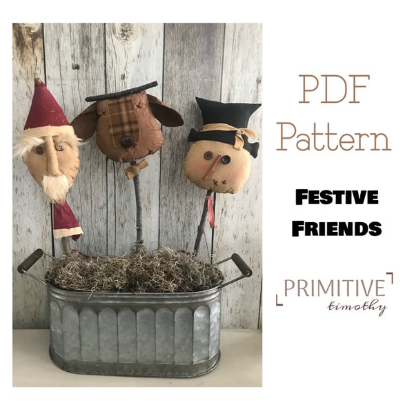 PDF Sewing Pattern - Primitive Christmas Crock Fillers - Santa Claus, Reindeer, Snowman - Folk Art Decorations, Early American, Old World