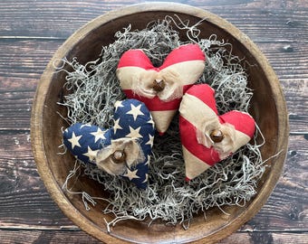 Primitive Patriotic Fabric Hearts: Americana Bowl Fillers, Set of 3