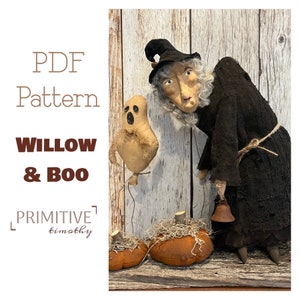 PDF Sewing Pattern - Clay Faced Primitive Witch, Ghost and Pumpkins - Halloween Decor - Standing Witch on Wood Board - Spooky Folk Art Doll