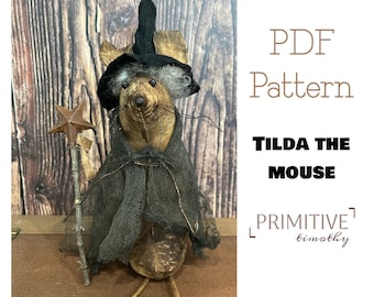 Patron de couture PDF - Tilda la souris - Sorcière d'Halloween primitive - Patron de couture de souris - Souris d'art folklorique Early Americana en chapeau de sorcière avec baguette