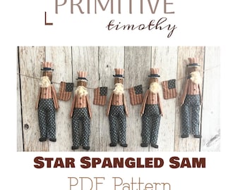 Wzór do szycia w formacie PDF – Primitive Uncle Sam Garland – Patriotyczny wieszak na drzwi – Dekoracja na Dzień Niepodległości – Americana Mantle 4 lipca