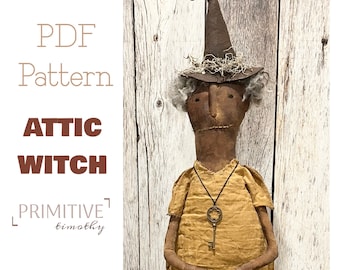 Patrón de costura en PDF - Muñeca de bruja primitiva - Decoración de Halloween - Muñeca de arte popular estadounidense antiguo - Bruja primitiva sentada - Patrón para principiantes