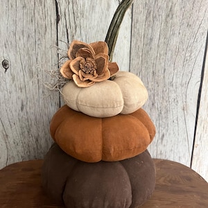 May include: A stack of three fabric pumpkins in descending shades of cream, rust orange, and dark brown. The top pumpkin is adorned with a dried wooden flower and wispy natural fibers, and a single long, curved green stem extends from the center.