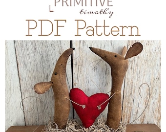 PDF Sewing Pattern - Primitive Valentine's Day Mice holding a Red Heart - Folk Art Mouse Dolls - Early Americana Style - Rustic Vday Display