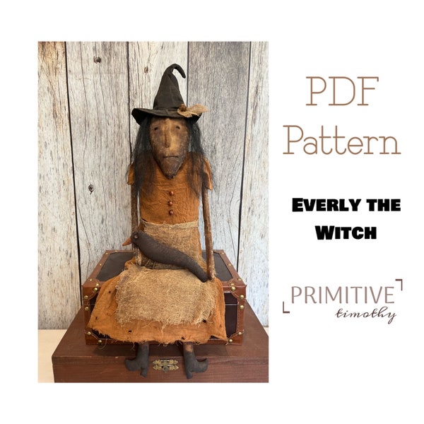 PDF Sewing Pattern - Primitive Witch and Crow - Prim Halloween Decor - Folk Art Doll - Spooky Witchy Decoration - Vintage Inspired Witch
